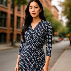 Maggy London Women's Black & White Geometric Wrap Qtr Sleeve Dress Sz 14